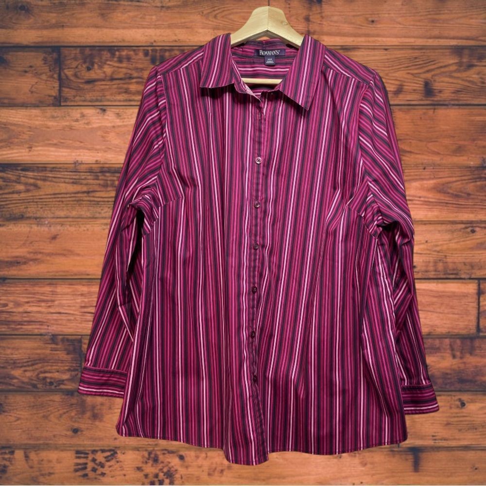 5 for $25🔥Roaman's Pink‎ Striped Long Sleeve Button Front Shirt Size 18W